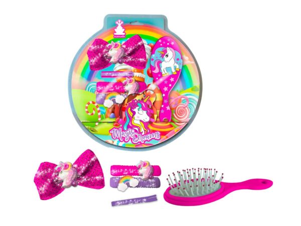 SET ACCESSORI CAPELLI E SPAZZOLA UNICORNO
